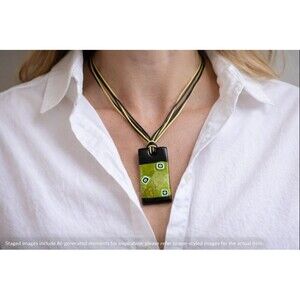 Antica Murrina Venezia Fused Glass Pendant Necklace – Green, Black & Gold – NIB